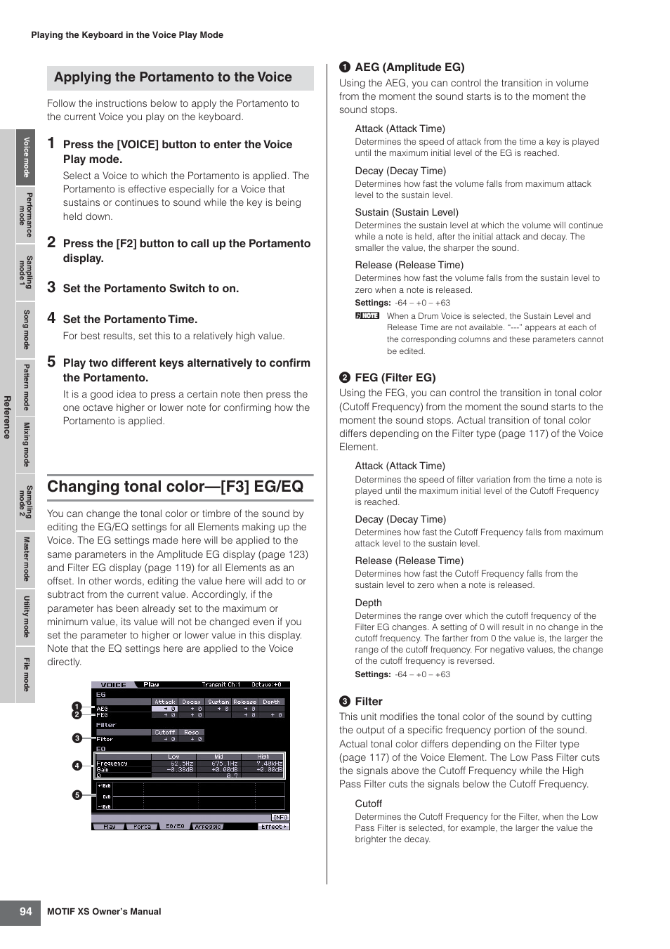 Changing tonal color-[f3] eg/eq, Changing tonal color—[f3] eg/eq, Applying the portamento to the voice | Yamaha MOTIF XS7  EN User Manual | Page 94 / 320