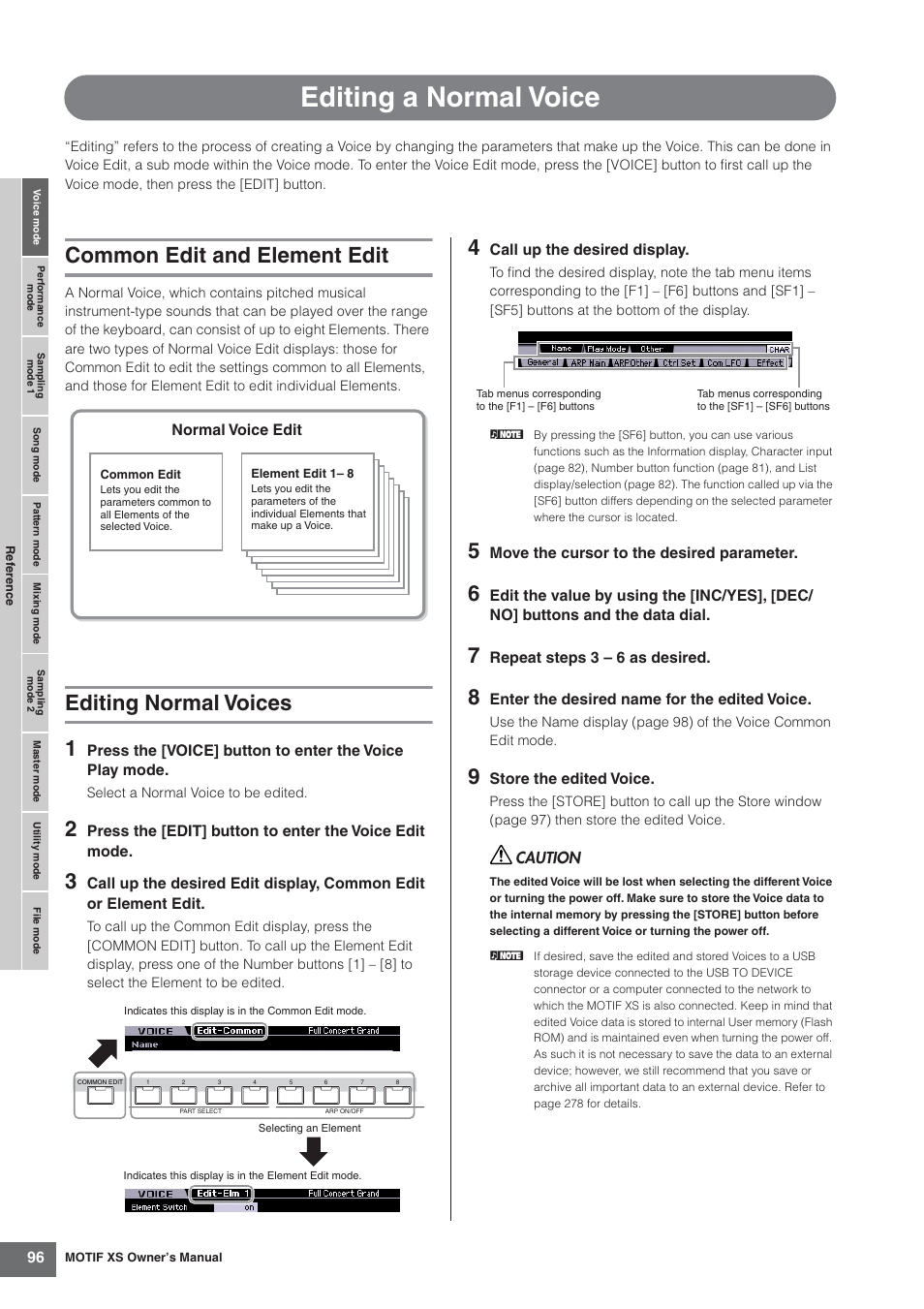 Editing a normal voice, Common edit and element edit, Editing normal voices | Editing normal voices 1 | Yamaha MOTIF XS7  EN User Manual | Page 96 / 320