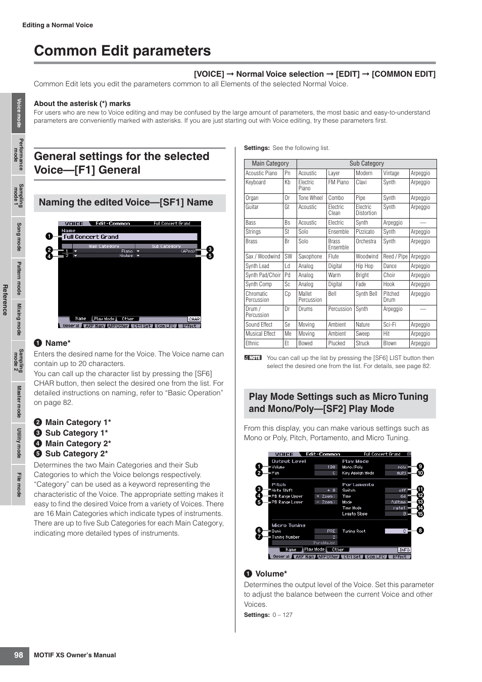 Common edit parameters, Naming the edited voice—[sf1] name, 1 name | 1 volume | Yamaha MOTIF XS7  EN User Manual | Page 98 / 320