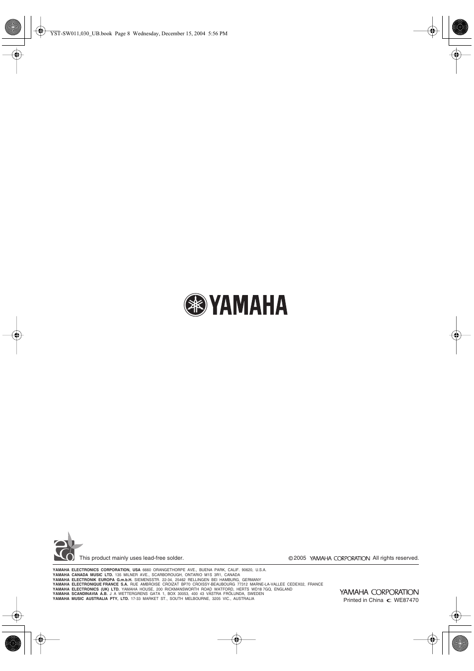 Yamaha YST-SW011 User Manual | Page 12 / 12