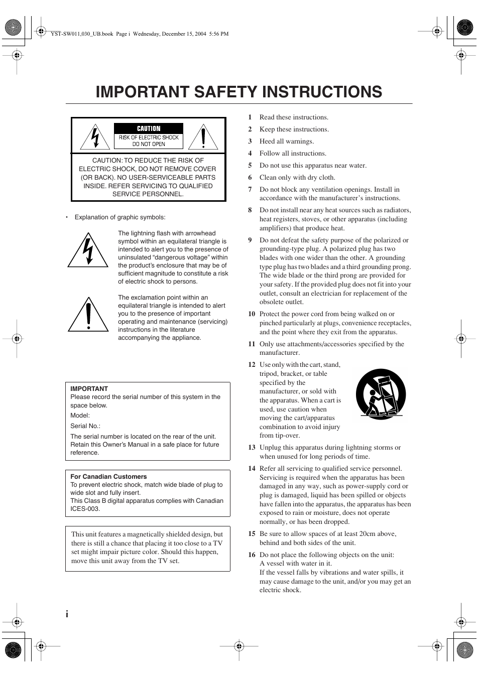 Important safety instructions | Yamaha YST-SW011 User Manual | Page 2 / 12