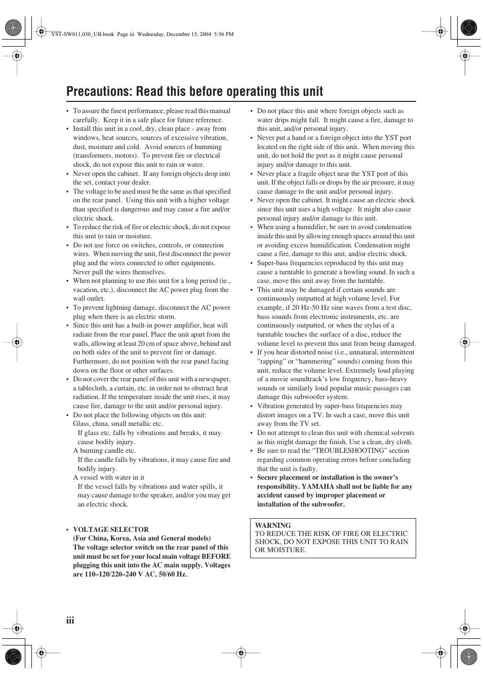 Precautions: read this before operating this unit | Yamaha YST-SW011 User Manual | Page 4 / 12