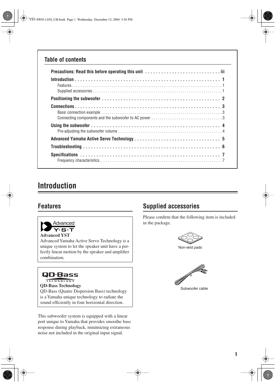 Features, Supplied accessories, Introduction | Yamaha YST-SW011 User Manual | Page 5 / 12