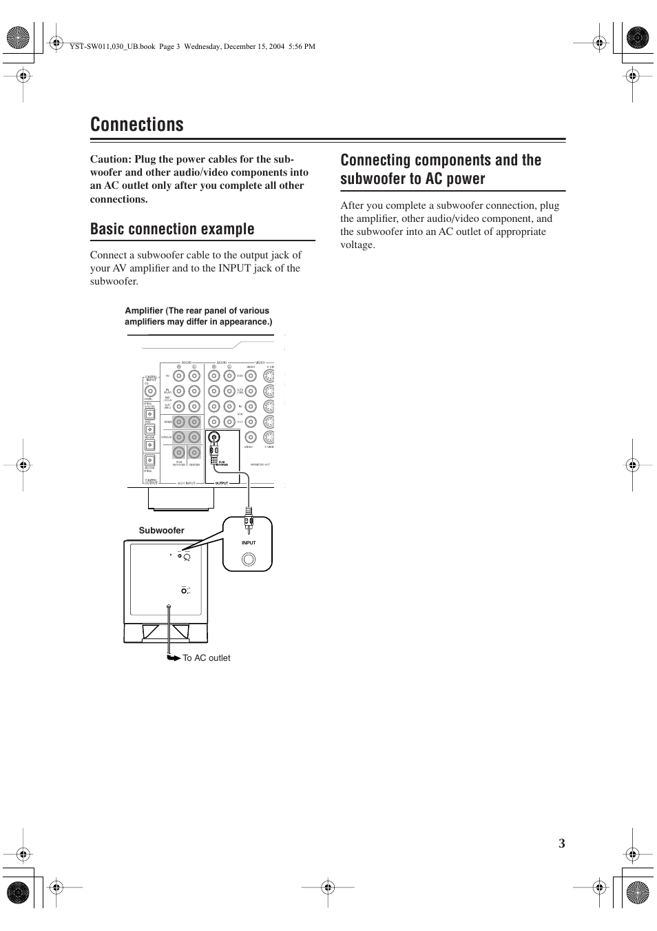 Connections, Basic connection example | Yamaha YST-SW011 User Manual | Page 7 / 12