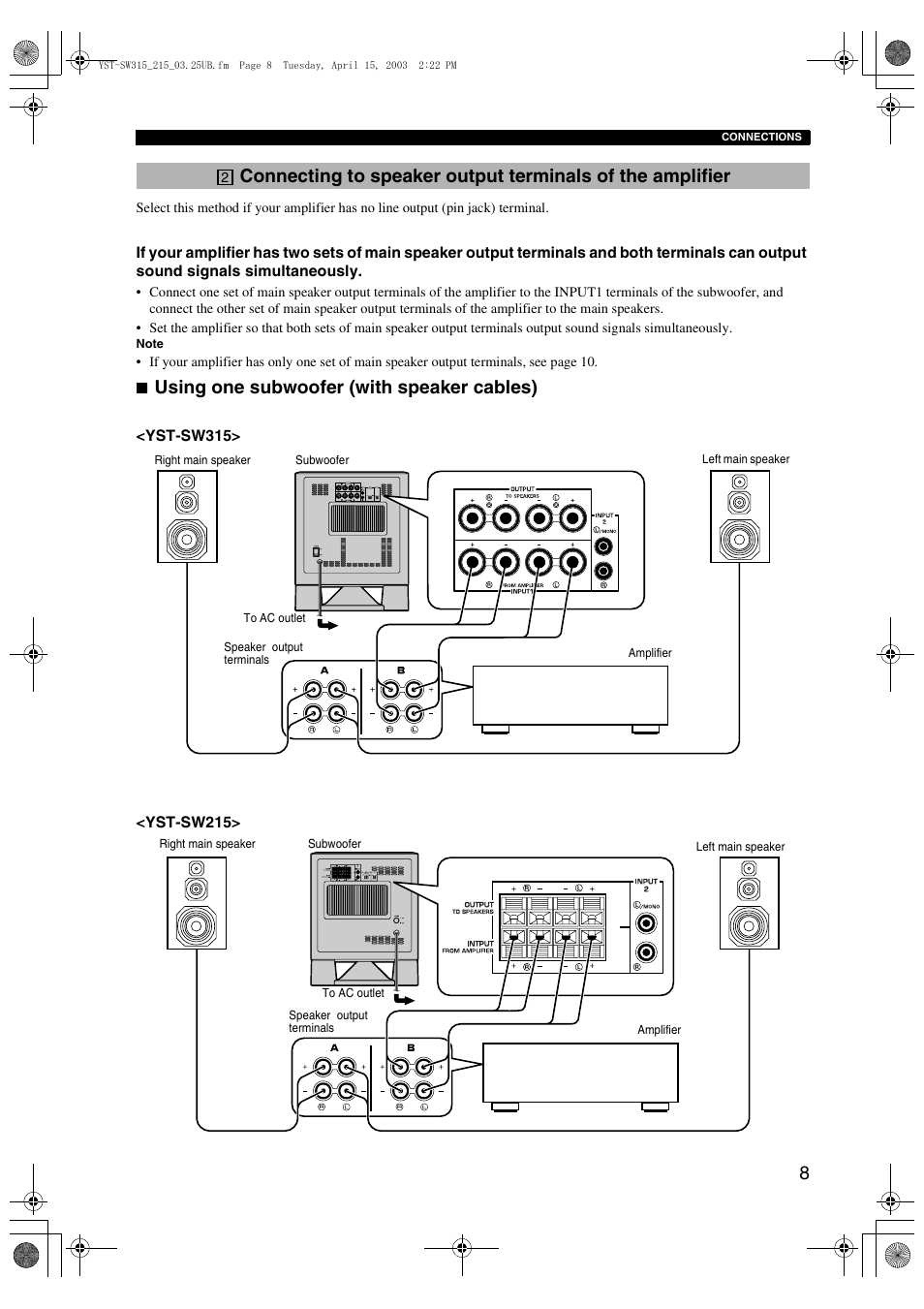 Using one subwoofer (with speaker cables) | Yamaha YST-SW215 User Manual | Page 11 / 24
