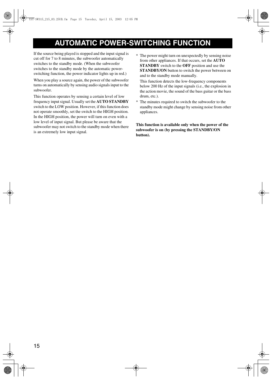 Automatic power-switching function | Yamaha YST-SW215 User Manual | Page 18 / 24