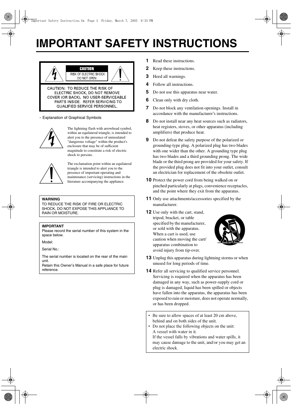 Important safety instructions | Yamaha YST-SW215 User Manual | Page 2 / 24