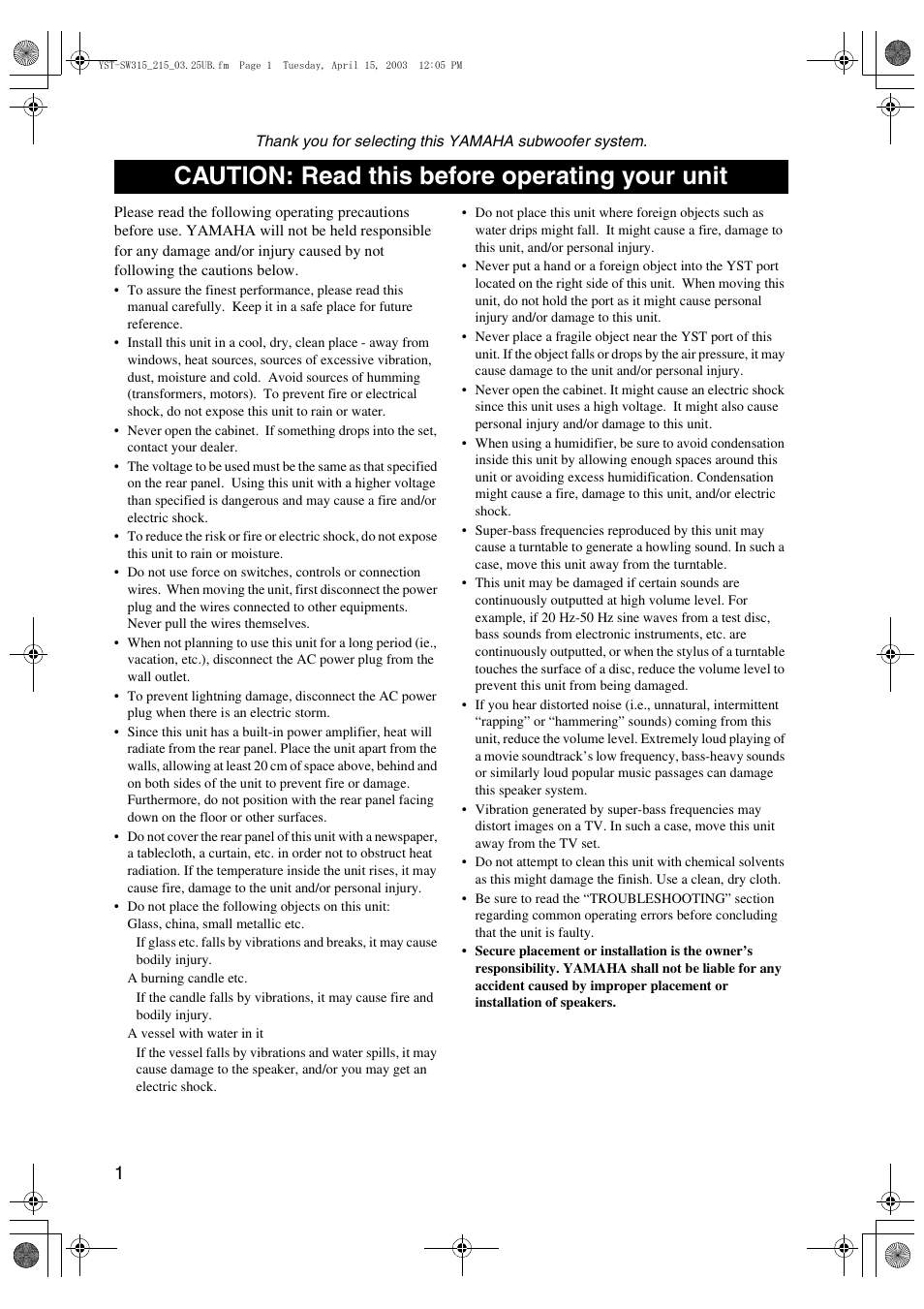 Caution, Caution: read this before operating your unit | Yamaha YST-SW215 User Manual | Page 4 / 24