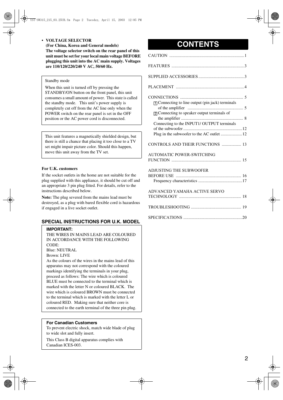 Yamaha YST-SW215 User Manual | Page 5 / 24