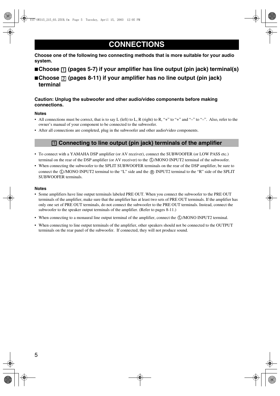 Connections | Yamaha YST-SW215 User Manual | Page 8 / 24