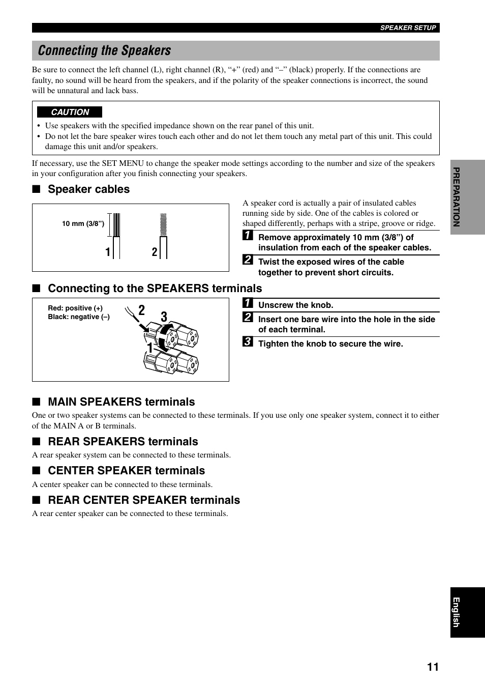 Connecting the speakers, Speaker cables, Connecting to the speakers terminals | Main speakers terminals, Rear speakers terminals, Center speaker terminals, Rear center speaker terminals | Yamaha DSP-AX3200 User Manual | Page 13 / 78