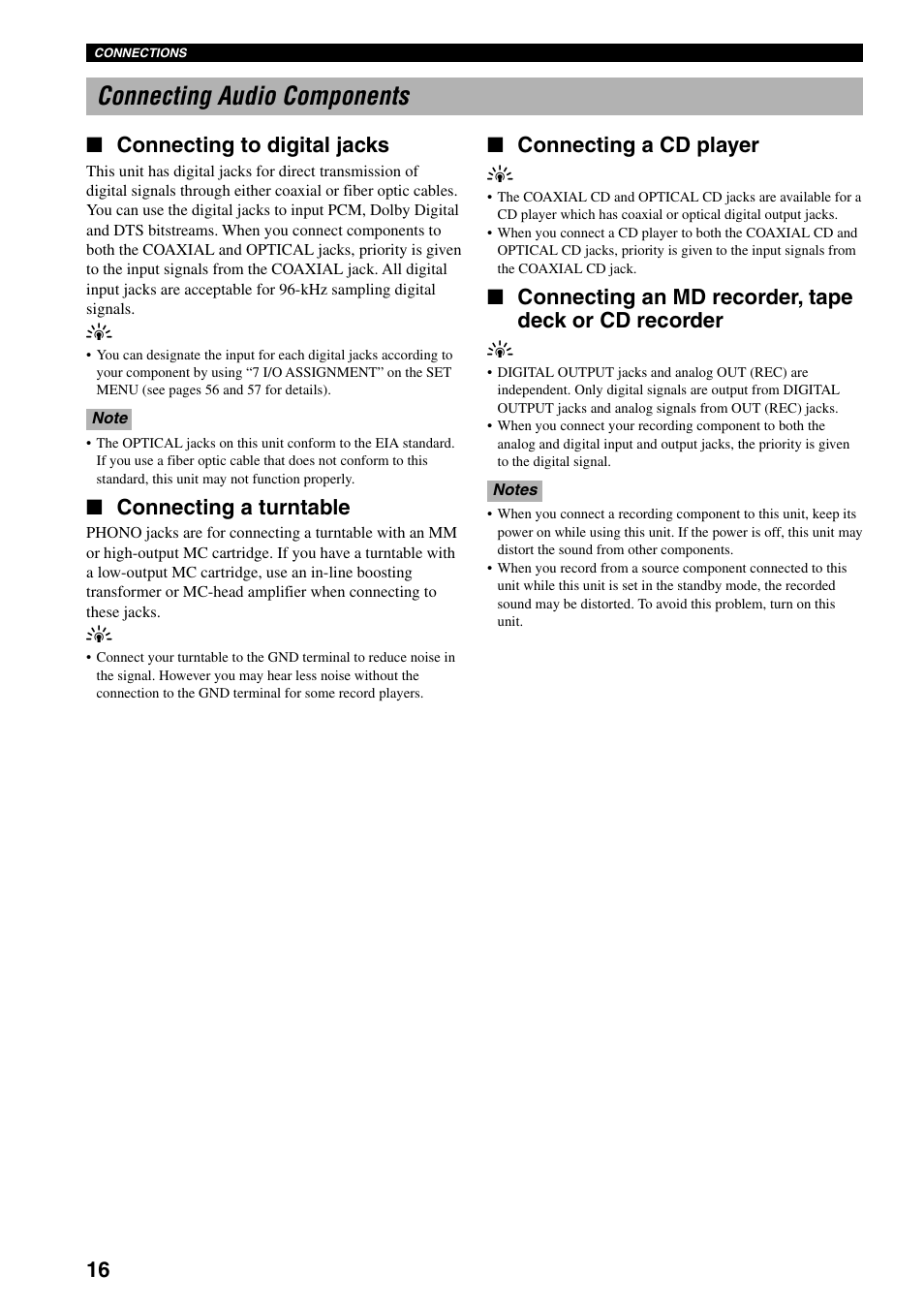 Connecting audio components, Connecting to digital jacks, Connecting a turntable | Connecting a cd player y | Yamaha DSP-AX3200 User Manual | Page 18 / 78