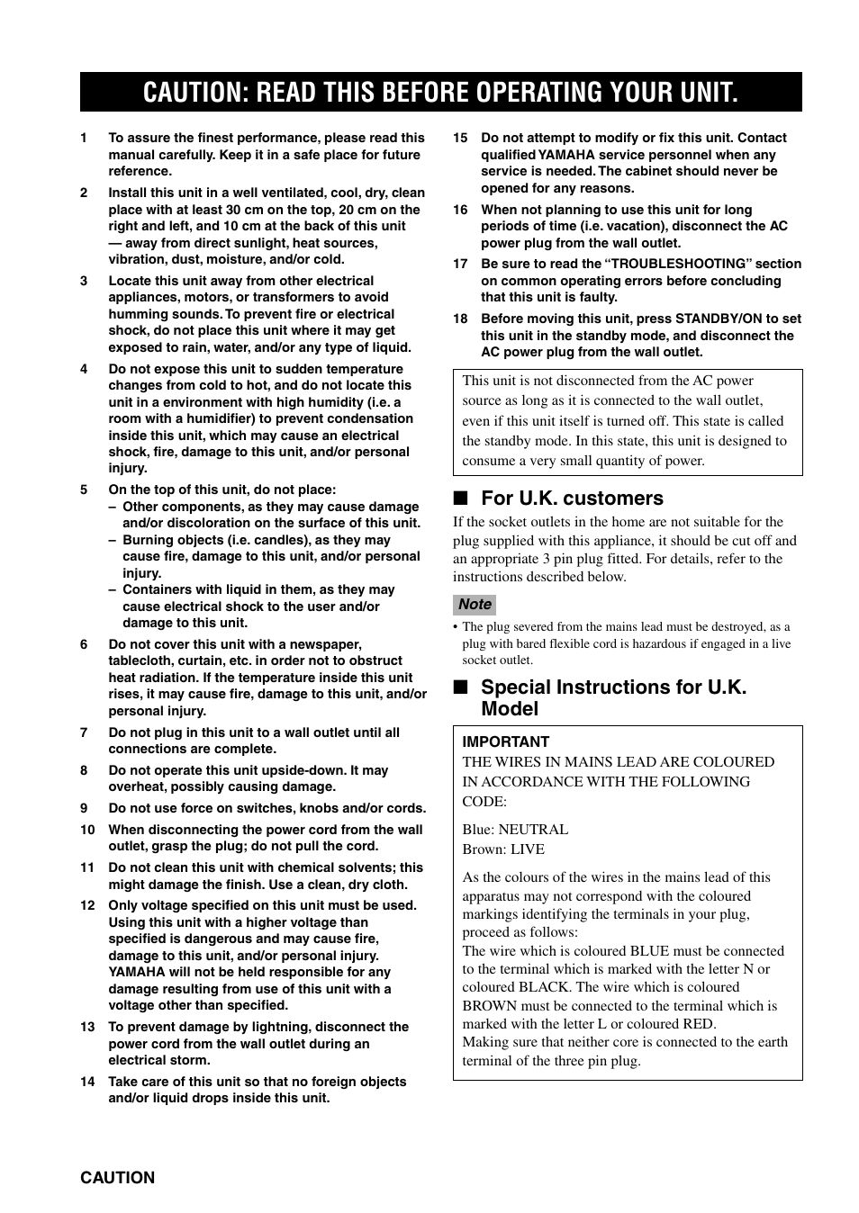 Caution: read this before operating your unit, For u.k. customers, Special instructions for u.k. model | Yamaha DSP-AX3200 User Manual | Page 2 / 78