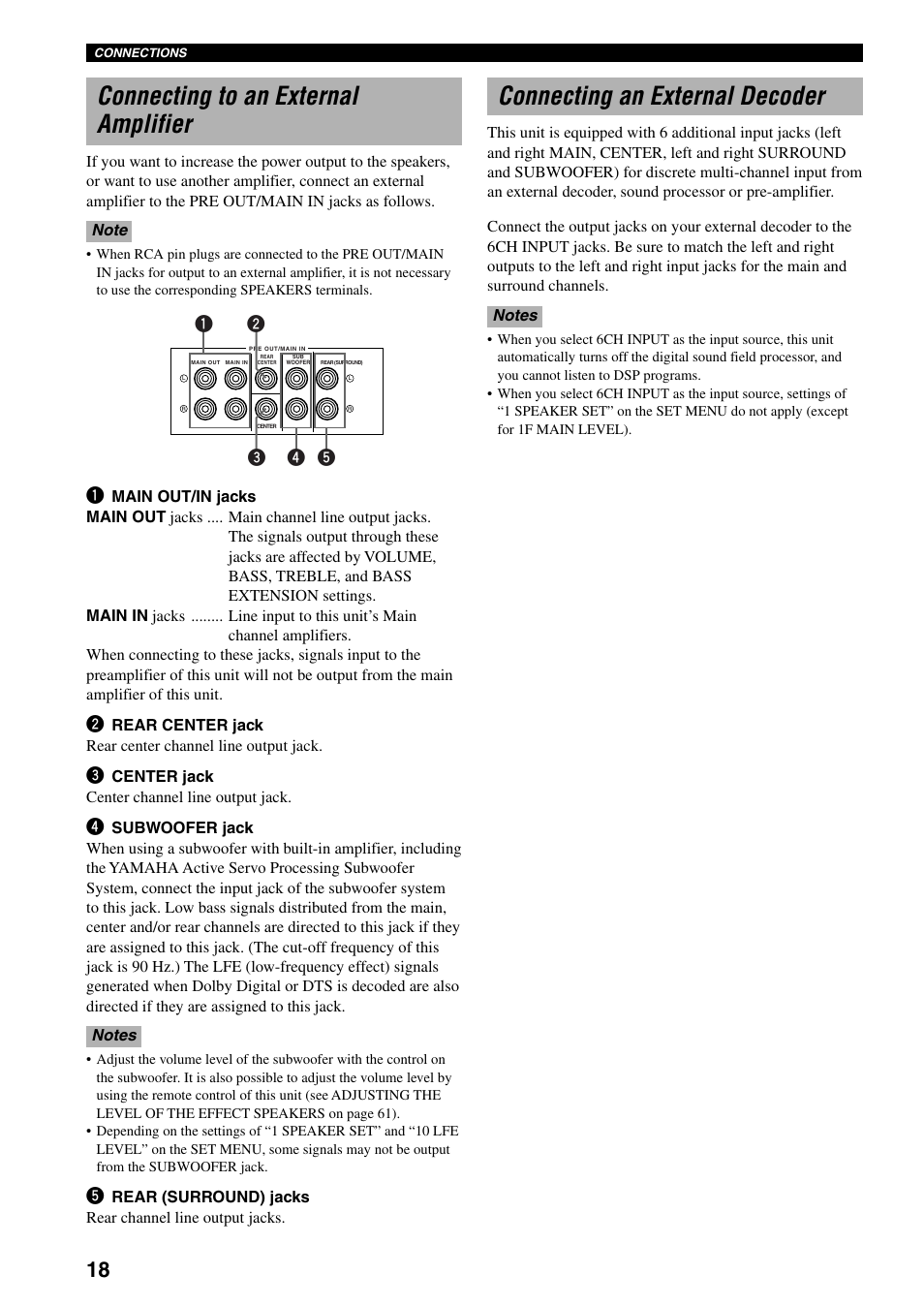 Connecting to an external amplifier, Connecting an external decoder | Yamaha DSP-AX3200 User Manual | Page 20 / 78