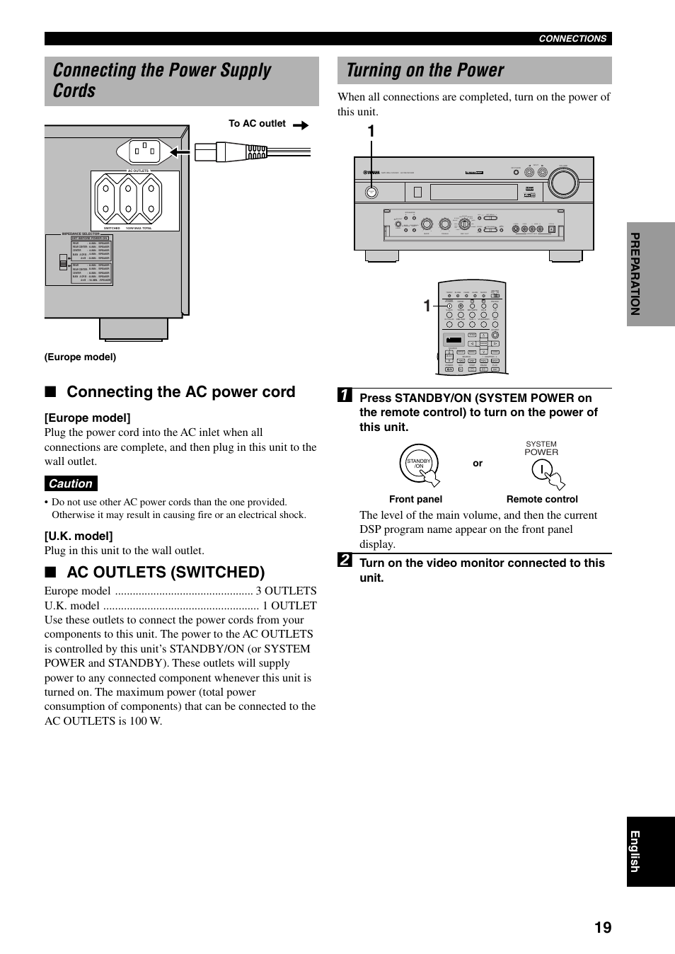 Connecting the power supply cords, Turning on the power, Connecting the ac power cord | Ac outlets (switched), Caution, U.k. model] plug in this unit to the wall outlet, Turn on the video monitor connected to this unit, Abass extension processor direct b, Treble, Program stereo set menu next | Yamaha DSP-AX3200 User Manual | Page 21 / 78