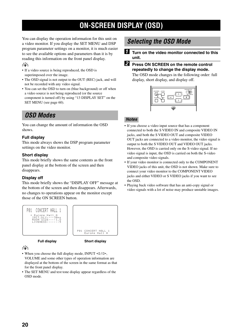 On-screen display (osd), Osd modes, Selecting the osd mode | P01 concert hall 1 | Yamaha DSP-AX3200 User Manual | Page 22 / 78