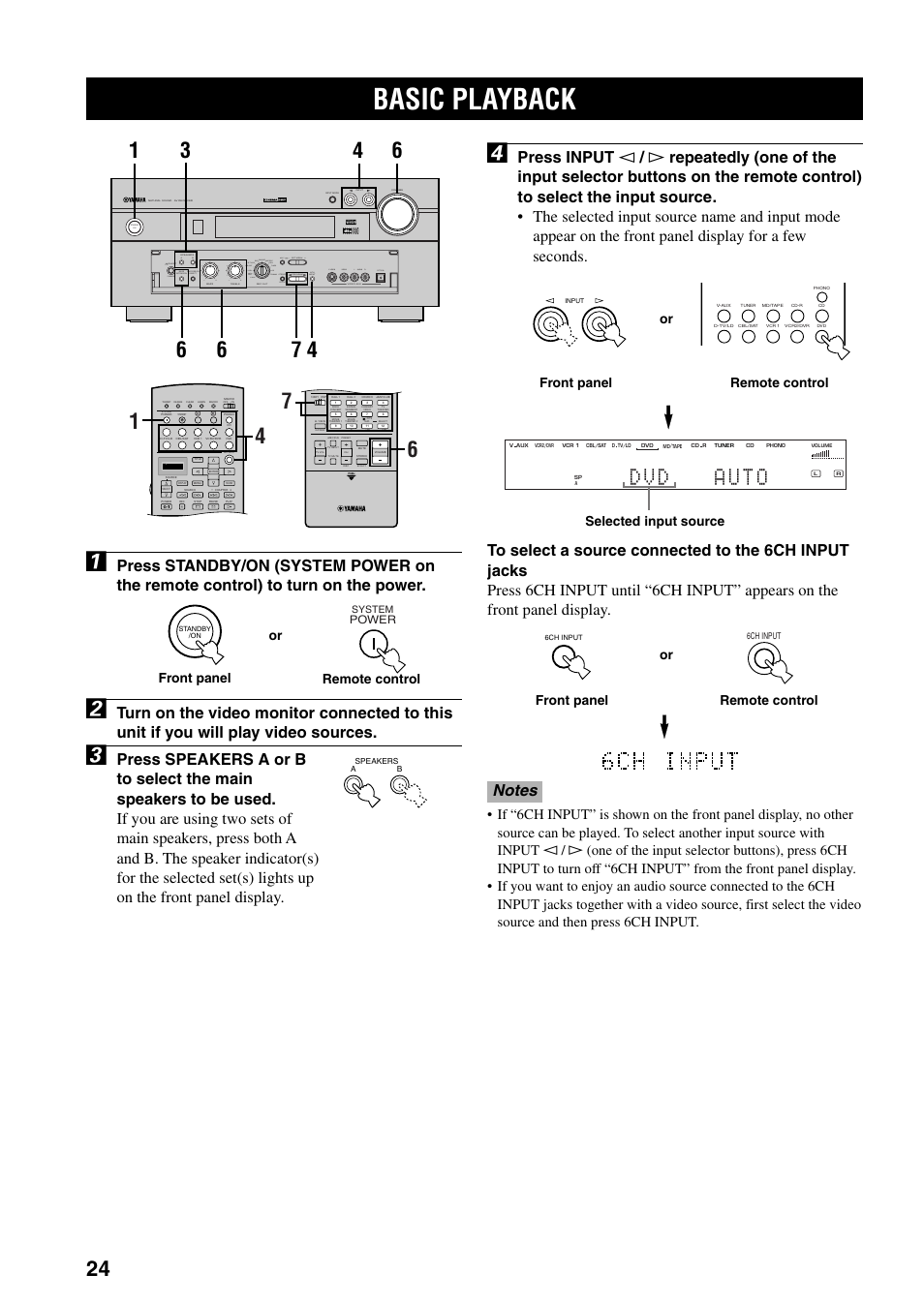 Basic operation, Basic playback, Abass extension processor direct b | Treble, Program stereo set menu next, Remote control front panel or | Yamaha DSP-AX3200 User Manual | Page 26 / 78
