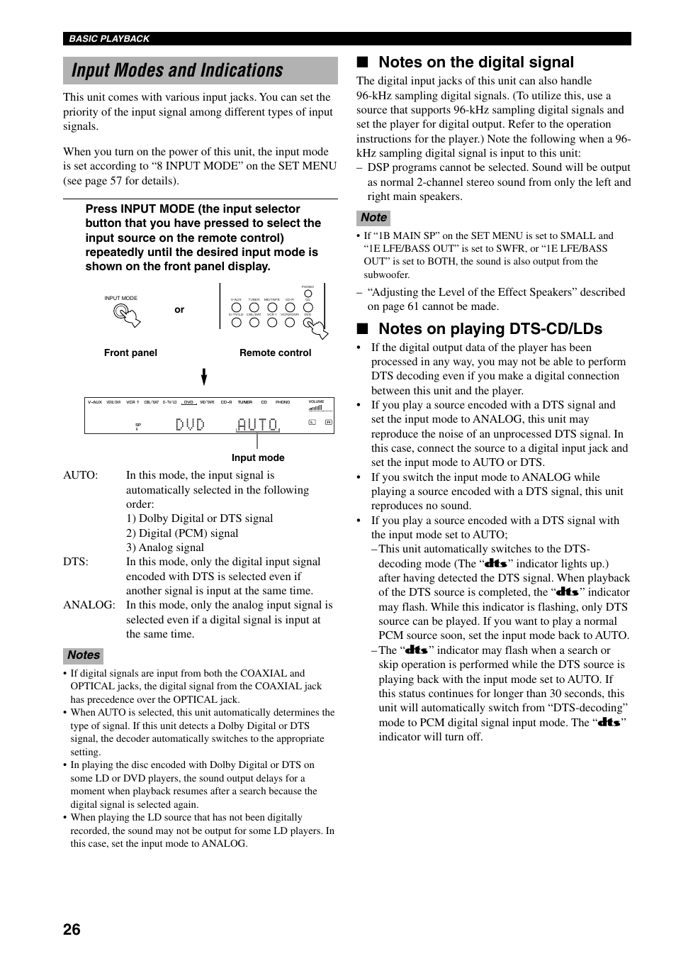 Input modes and indications | Yamaha DSP-AX3200 User Manual | Page 28 / 78