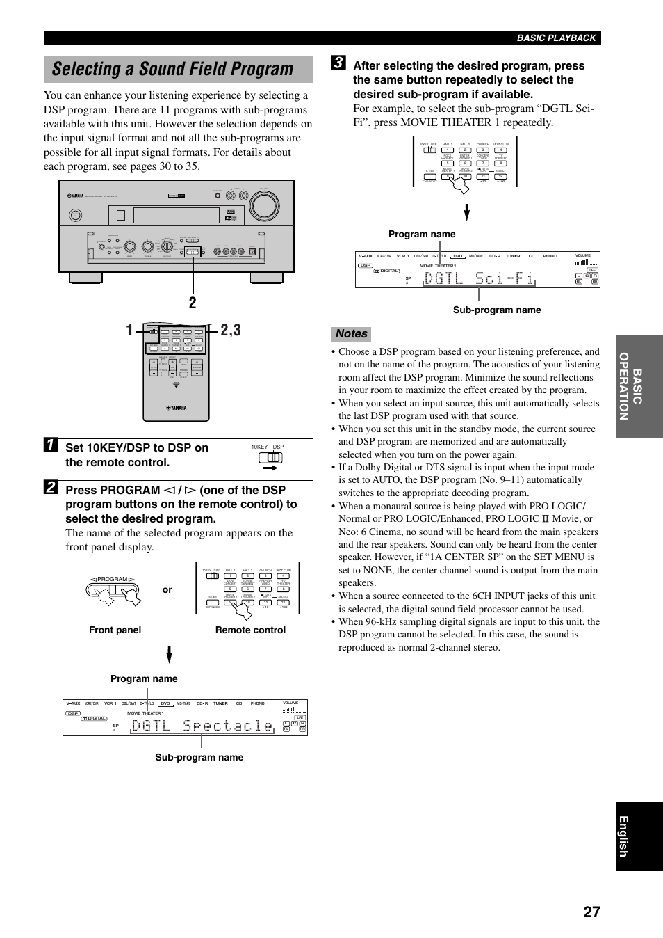 Selecting a sound field program, Set 10key/dsp to dsp on the remote control, Abass extension processor direct b | Treble, Program stereo set menu next, Basic playback, Program name sub-program name | Yamaha DSP-AX3200 User Manual | Page 29 / 78