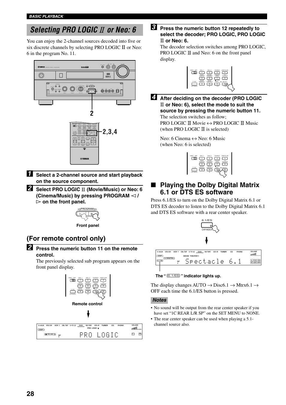 Selecting pro logic ii or neo: 6, Selecting pro logic or neo: 6, For remote control only) | Abass extension processor direct b, Treble, Program stereo set menu next, Basic playback, Remote control, Front panel, The “ c ” indicator lights up | Yamaha DSP-AX3200 User Manual | Page 30 / 78