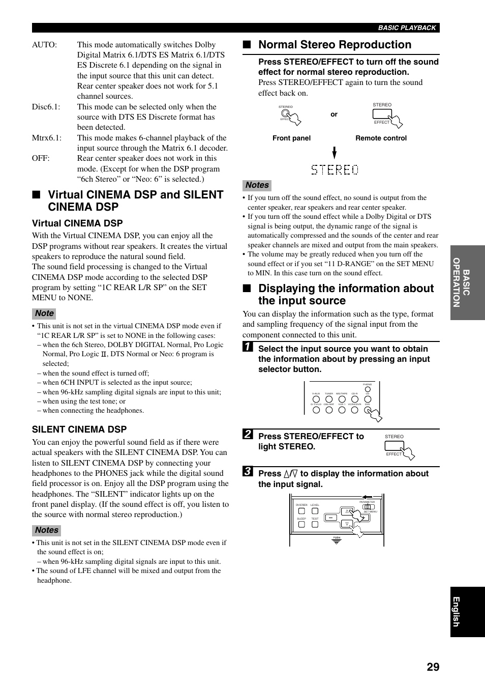 Normal stereo reproduction, Displaying the information about the input source, Virtual cinema dsp and silent cinema dsp | Virtual cinema dsp, Silent cinema dsp | Yamaha DSP-AX3200 User Manual | Page 31 / 78