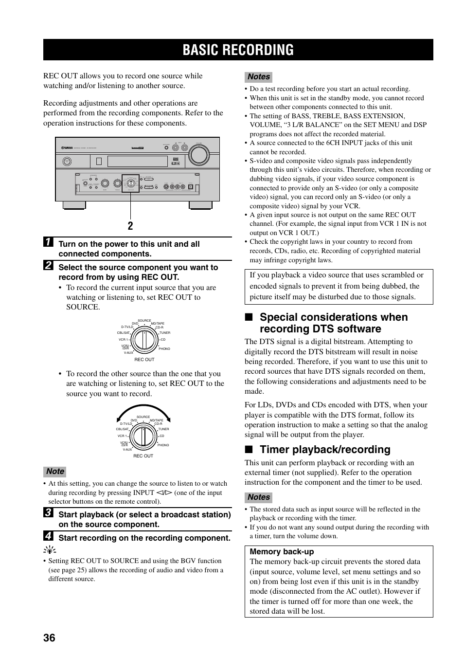 Basic recording, Special considerations when recording dts software, Timer playback/recording | Start recording on the recording component | Yamaha DSP-AX3200 User Manual | Page 38 / 78