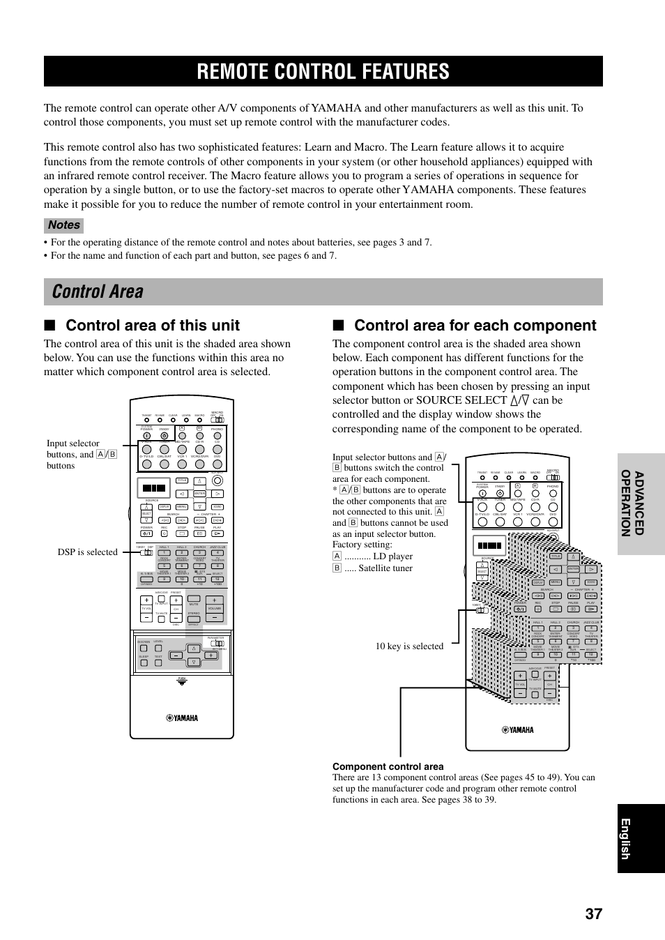 Advanced operation, Remote control features, Control area | Control area of this unit, Control area for each component, Dsp is selected 10 key is selected | Yamaha DSP-AX3200 User Manual | Page 39 / 78