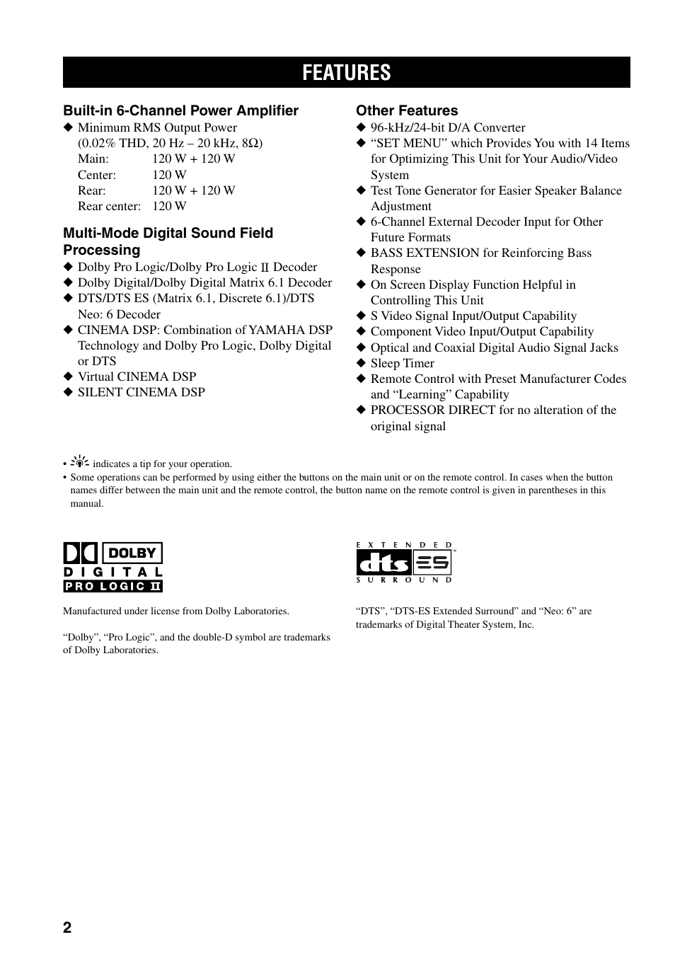 Features | Yamaha DSP-AX3200 User Manual | Page 4 / 78