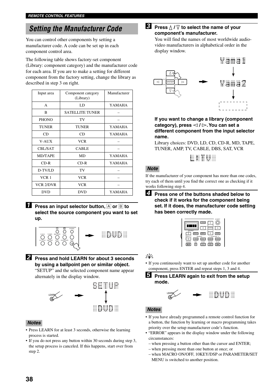 Setting the manufacturer code, Press learn again to exit from the setup mode | Yamaha DSP-AX3200 User Manual | Page 40 / 78