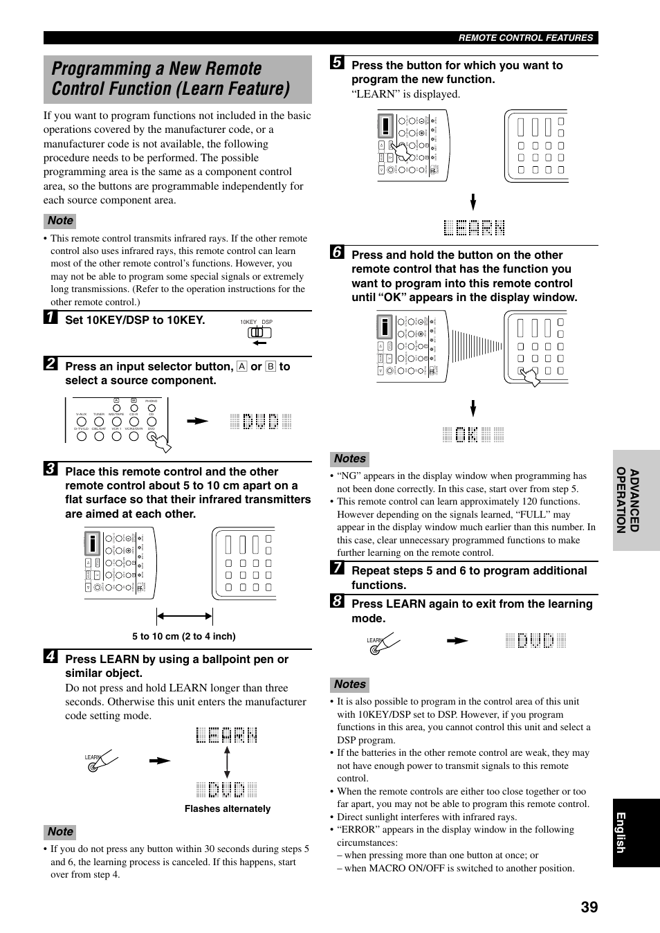 Press learn again to exit from the learning mode, Set 10key/dsp to 10key, Remote control features | Flashes alternately | Yamaha DSP-AX3200 User Manual | Page 41 / 78