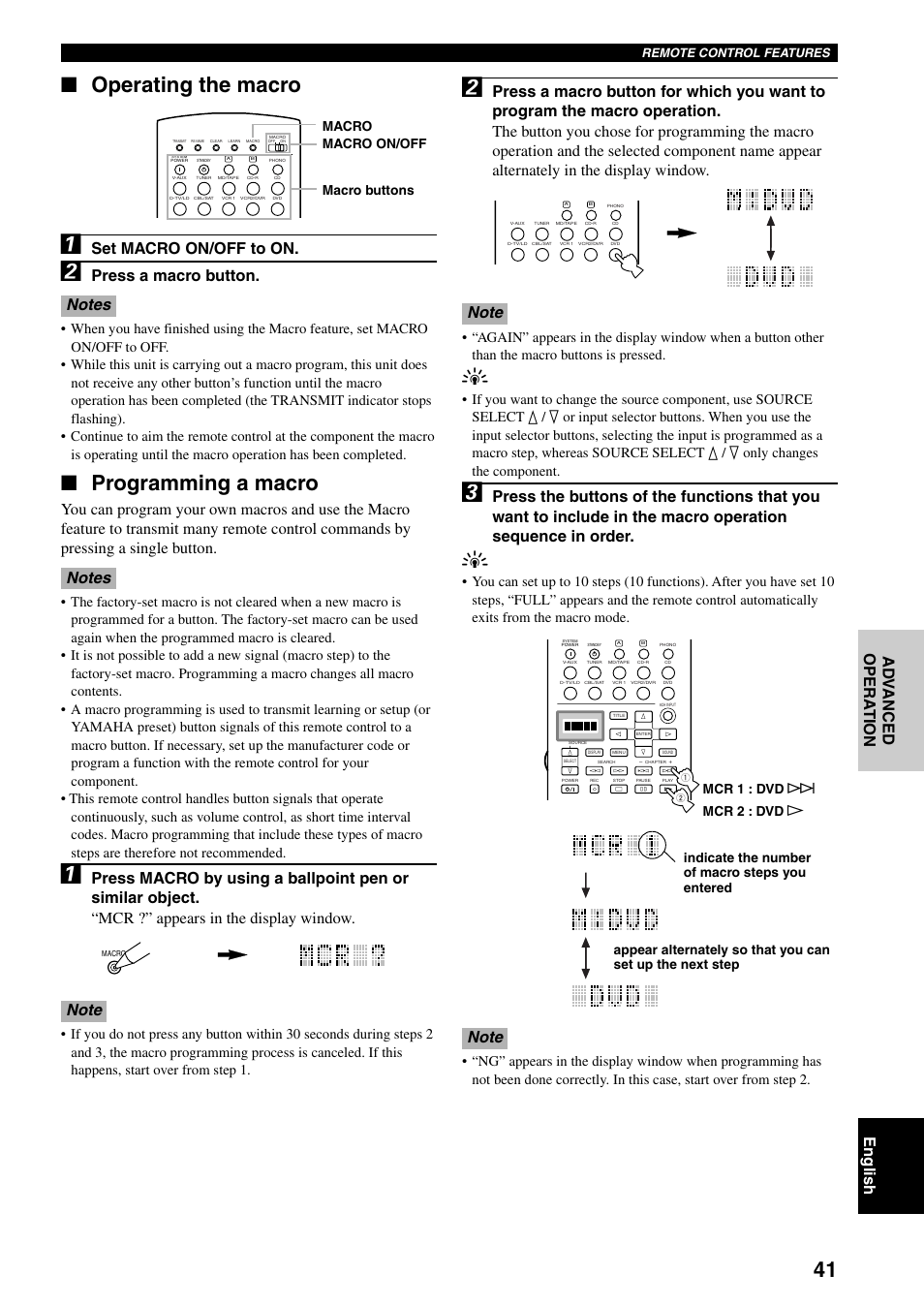 Operating the macro, Programming a macro, Set macro on/off to on | Press a macro button | Yamaha DSP-AX3200 User Manual | Page 43 / 78