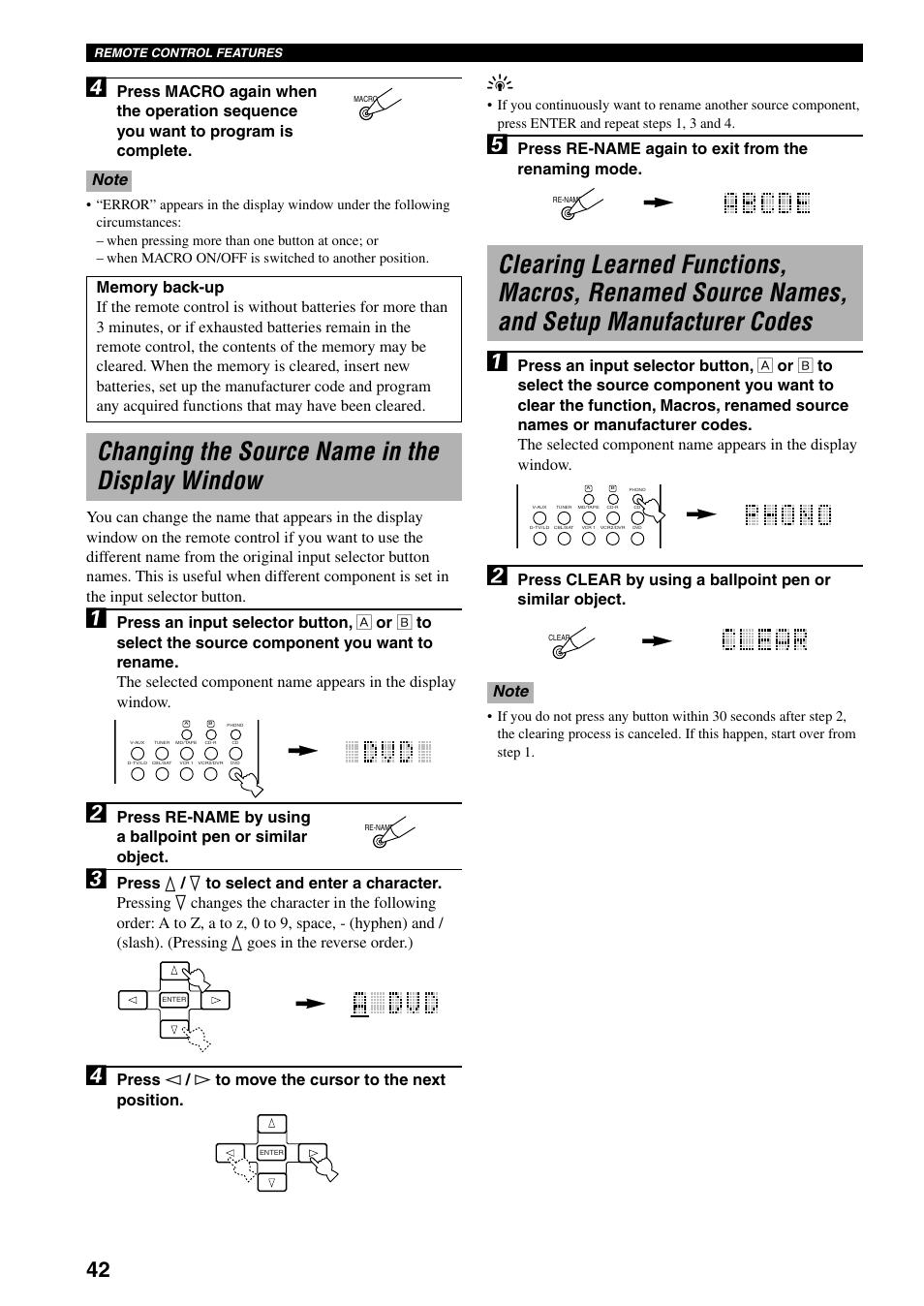 Changing the source name in the display window, Press re-name again to exit from the renaming mode | Yamaha DSP-AX3200 User Manual | Page 44 / 78