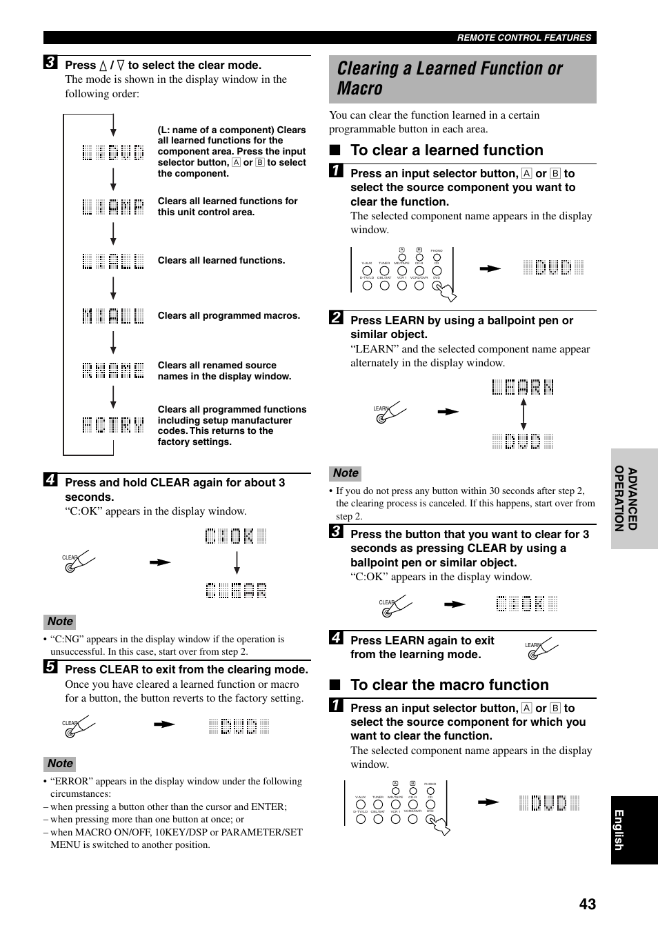 Clearing a learned function or macro | Yamaha DSP-AX3200 User Manual | Page 45 / 78