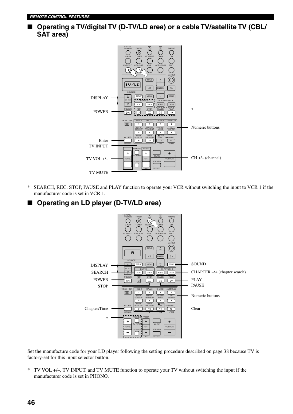 Operating an ld player (d-tv/ld area), Remote control features | Yamaha DSP-AX3200 User Manual | Page 48 / 78