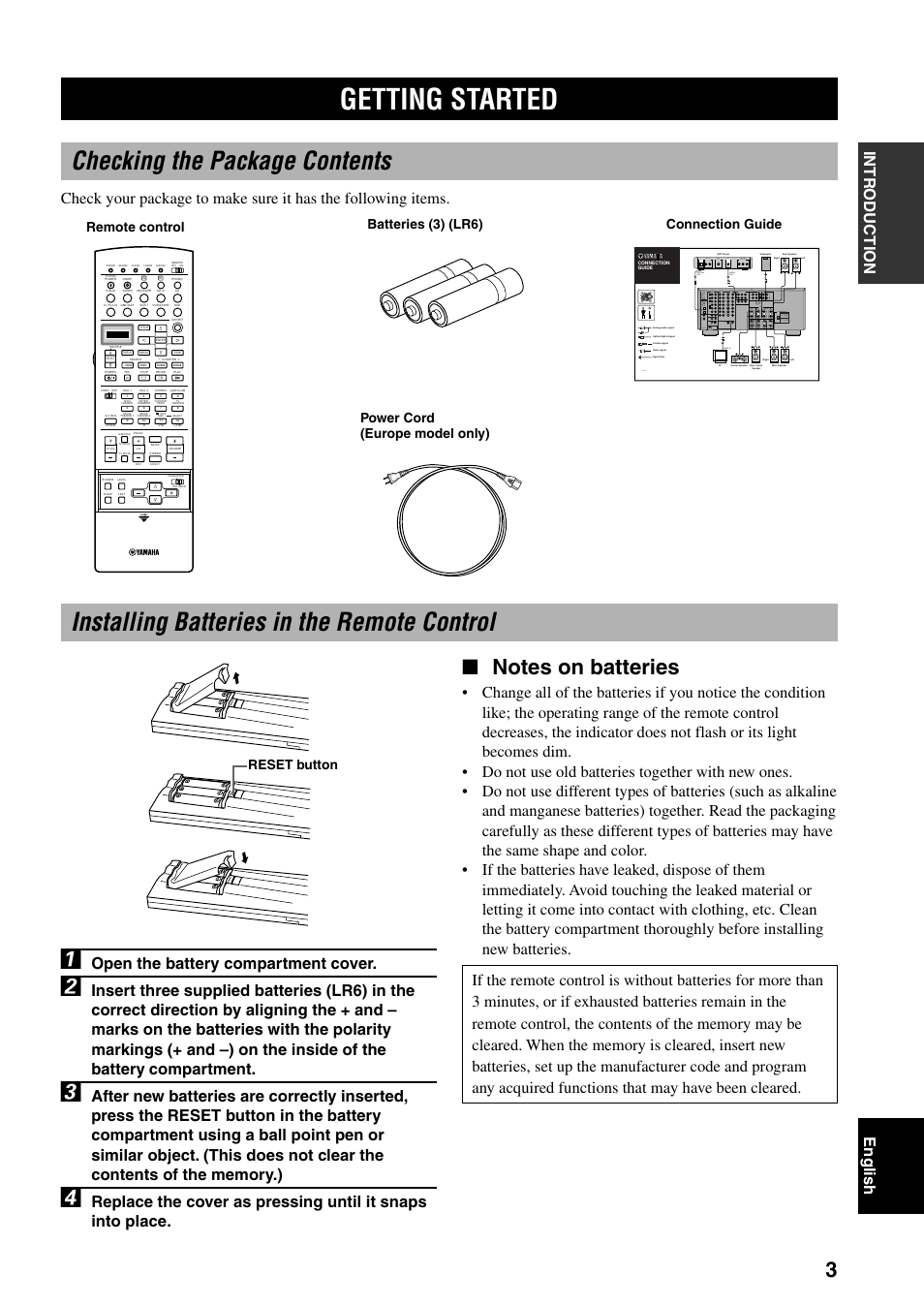 Getting started, Checking the package contents, Installing batteries in the remote control | Open the battery compartment cover, Lr v s o | Yamaha DSP-AX3200 User Manual | Page 5 / 78