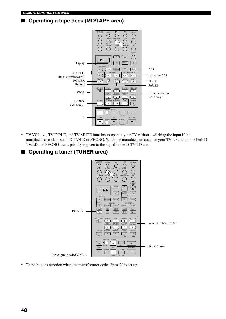 Operating a tape deck (md/tape area), Operating a tuner (tuner area), Remote control features | Yamaha DSP-AX3200 User Manual | Page 50 / 78