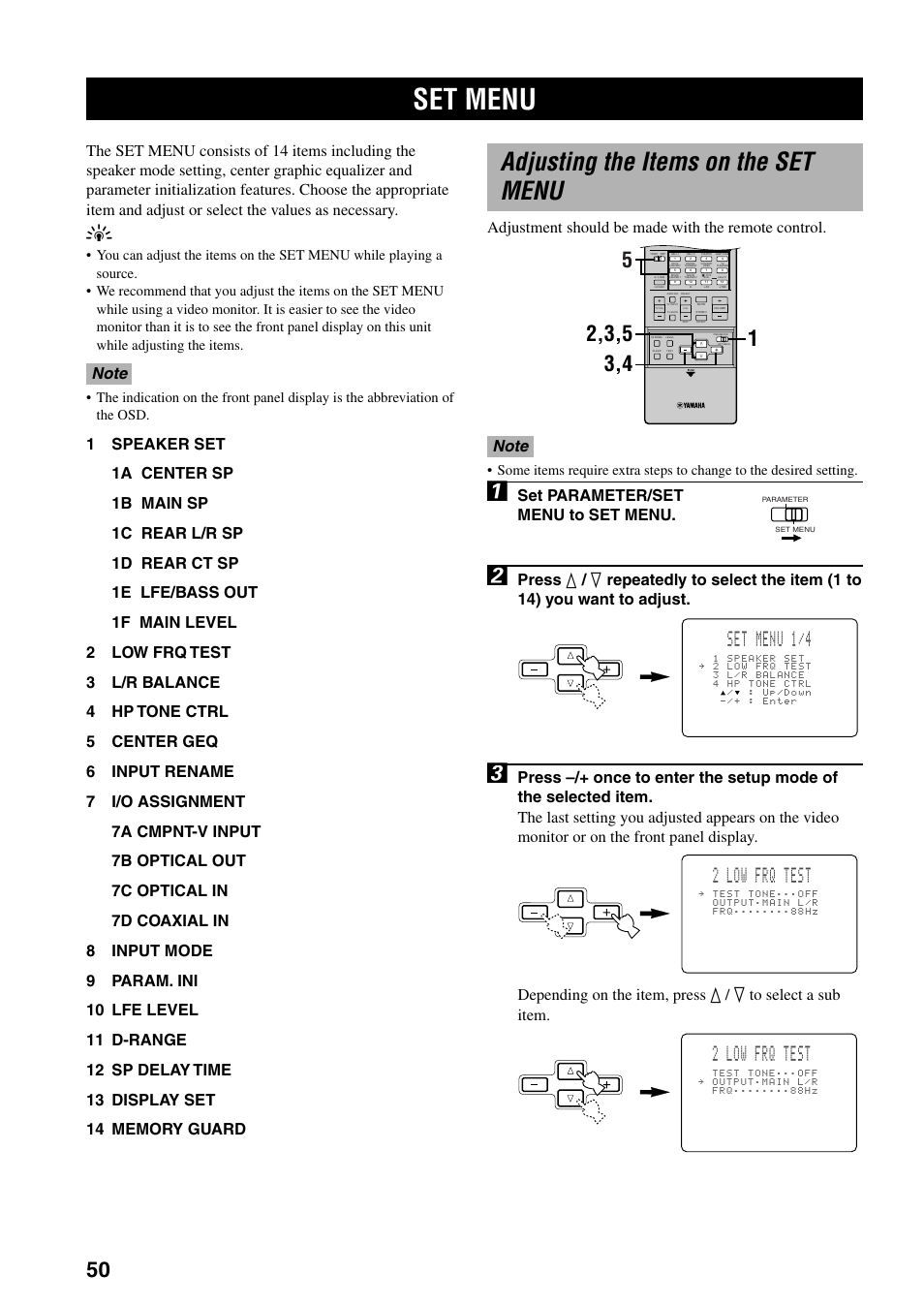 Set menu, Adjusting the items on the set menu, 2 low frq test | Set menu 1/4, Adjustment should be made with the remote control, Set parameter/set menu to set menu, Advanced operation | Yamaha DSP-AX3200 User Manual | Page 52 / 78