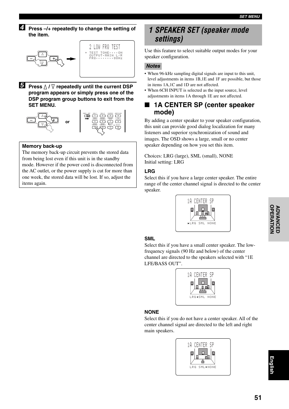 1 speaker set (speaker mode setting), 1 speaker set (speaker mode settings), 1a center sp (center speaker mode) | 1a center sp, 2 low frq test | Yamaha DSP-AX3200 User Manual | Page 53 / 78