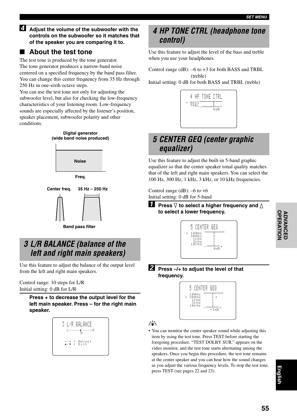 4 hp tone ctrl (headphone tone control), 5 center geq (center graphic equalizer), About the test tone | 5 center geq, 3 l/r balance, 4 hp tone ctrl | Yamaha DSP-AX3200 User Manual | Page 57 / 78