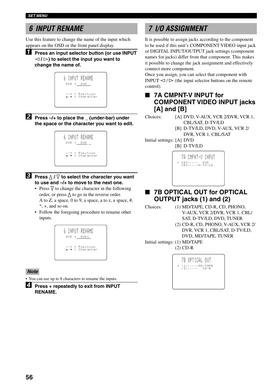 6 input rename, 7 i/o assignment, 7a cmpnt-v input | 7b optical out | Yamaha DSP-AX3200 User Manual | Page 58 / 78