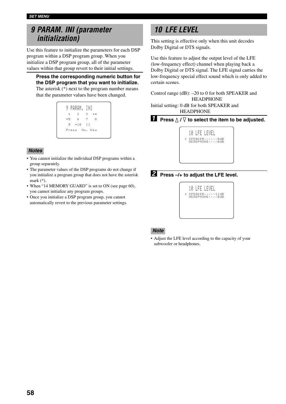 9 param. ini (parameter initialization), 10 lfe level, 9 param. ini | Yamaha DSP-AX3200 User Manual | Page 60 / 78