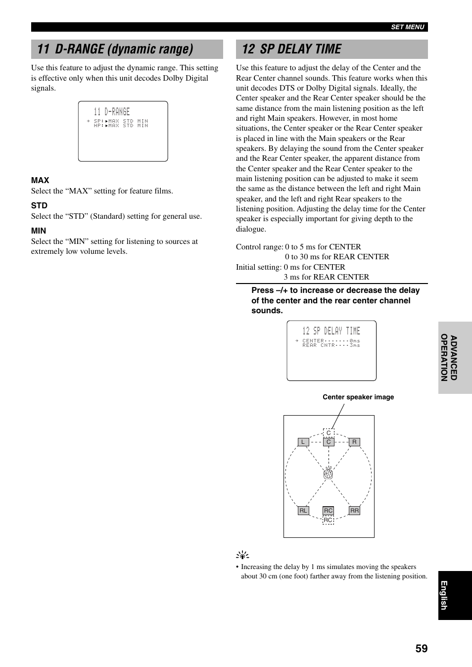 11 d-range (dynamic range), 12 sp delay time, 11 d-range | Yamaha DSP-AX3200 User Manual | Page 61 / 78