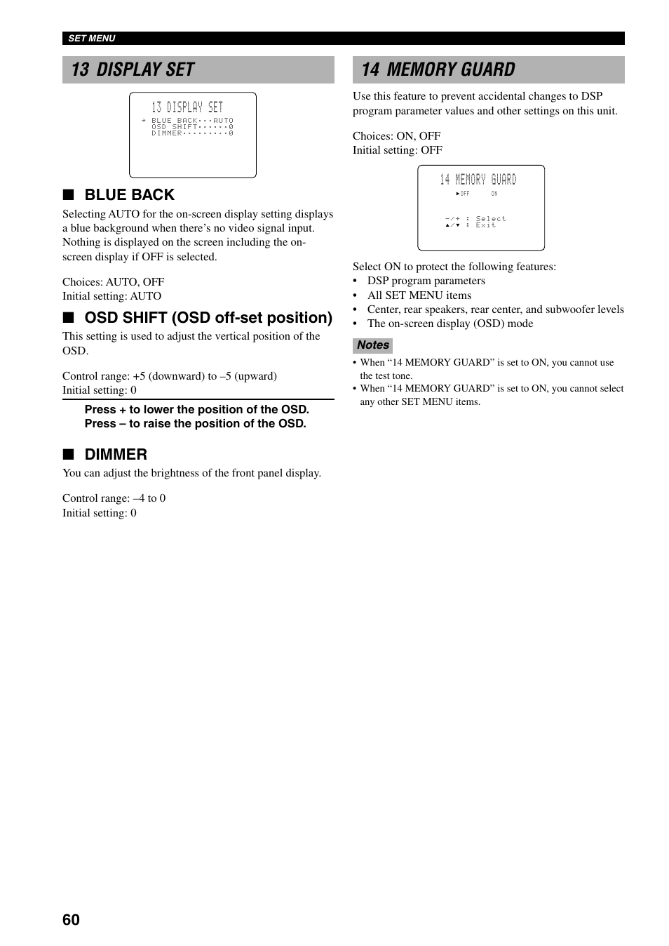 13 display set, 14 memory guard, Blue back | Osd shift (osd off-set position), Dimmer | Yamaha DSP-AX3200 User Manual | Page 62 / 78