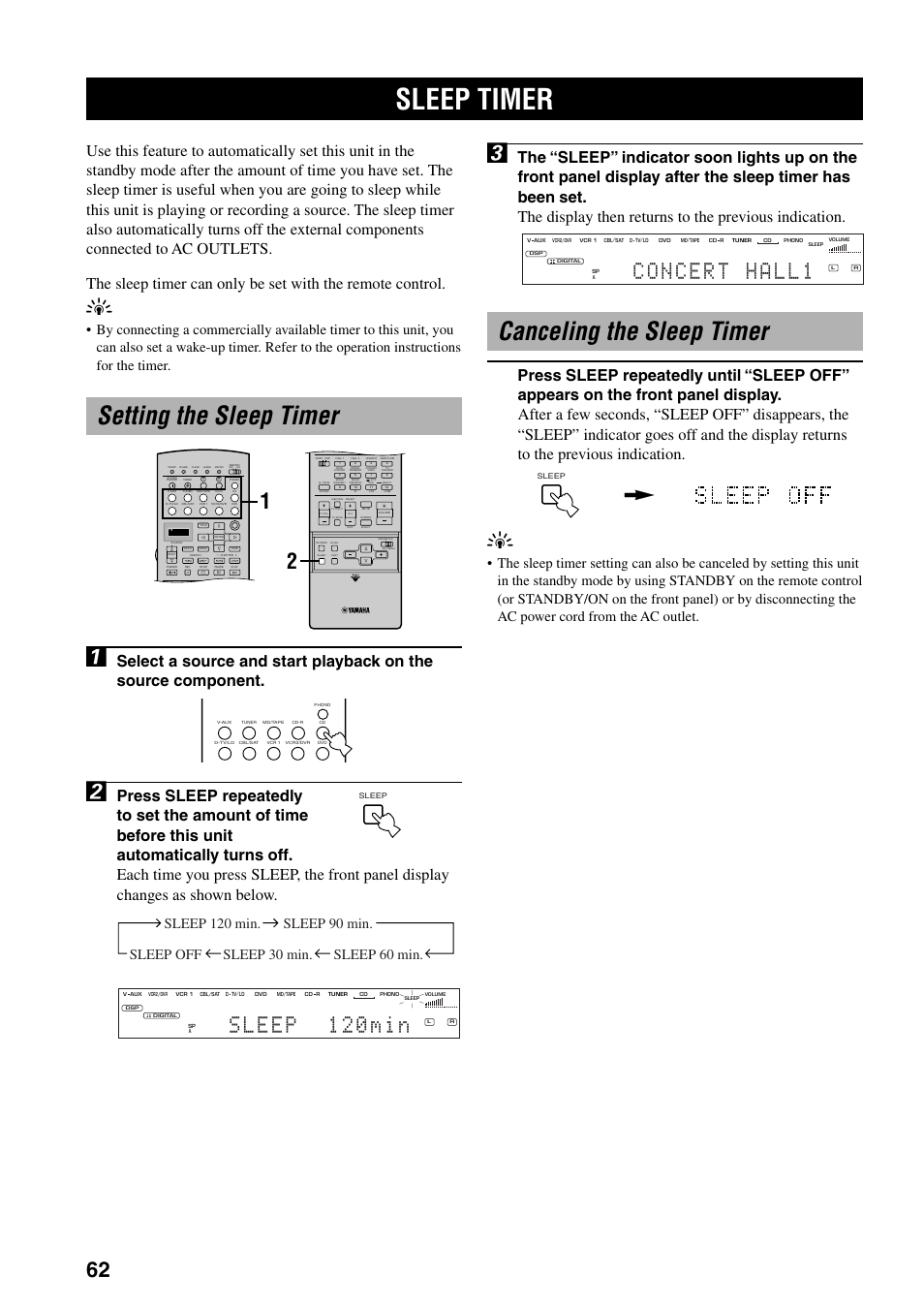 Sleep timer, Setting the sleep timer, Canceling the sleep timer | Yamaha DSP-AX3200 User Manual | Page 64 / 78