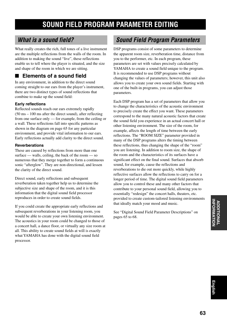 Additional information, Sound field program parameter editing, What is a sound field | Sound field program parameters, Elements of a sound field | Yamaha DSP-AX3200 User Manual | Page 65 / 78