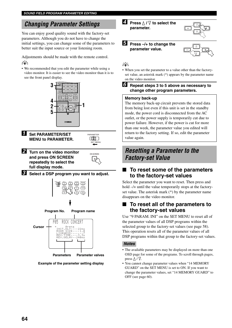 Changing parameter settings, Resetting a parameter to the factory-set value, P05 rock concert | Press k / n to select the parameter, Press –/+ to change the parameter value, Set parameter/set menu to parameter, Select a dsp program you want to adjust, Sound field program parameter editing, Parameter valves | Yamaha DSP-AX3200 User Manual | Page 66 / 78