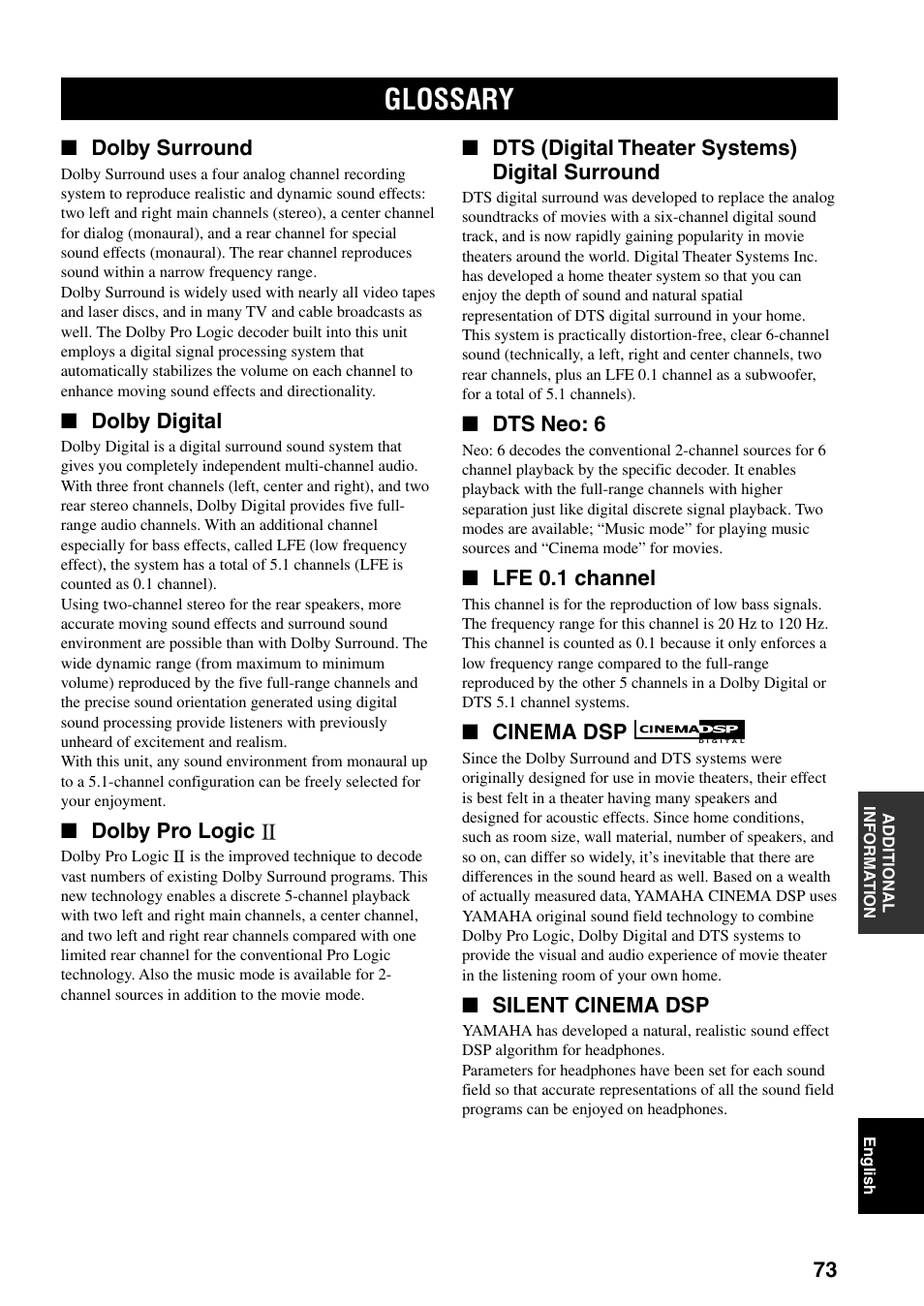 Glossary, Dolby surround, Dolby digital | Dolby pro logic, Dts (digital theater systems) digital surround, Dts neo: 6, Lfe 0.1 channel, Cinema dsp, Silent cinema dsp | Yamaha DSP-AX3200 User Manual | Page 75 / 78