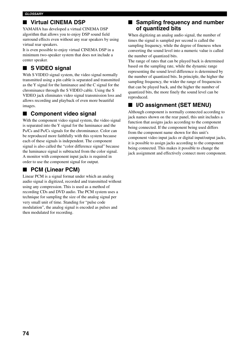 Virtual cinema dsp, S video signal, Component video signal | Pcm (linear pcm), Sampling frequency and number of quantized bits, I/o assignment (set menu) | Yamaha DSP-AX3200 User Manual | Page 76 / 78