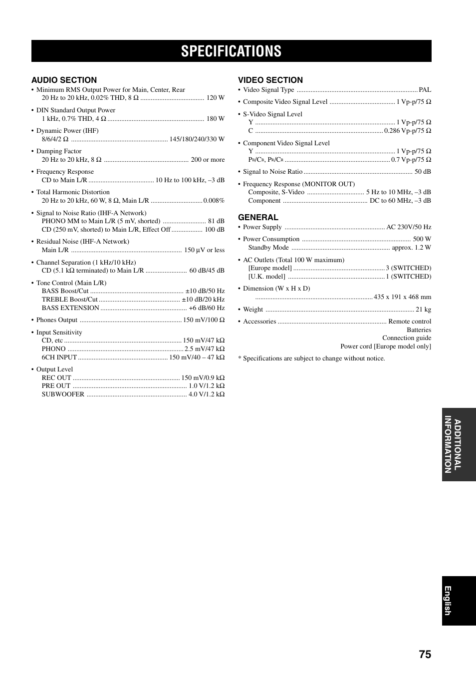 Specifications | Yamaha DSP-AX3200 User Manual | Page 77 / 78