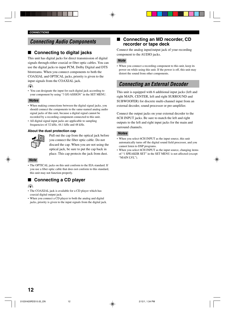 Connecting audio components, Connecting an external decoder, Connecting to digital jacks | Connecting a cd player y | Yamaha HTR-5440RDS User Manual | Page 14 / 57